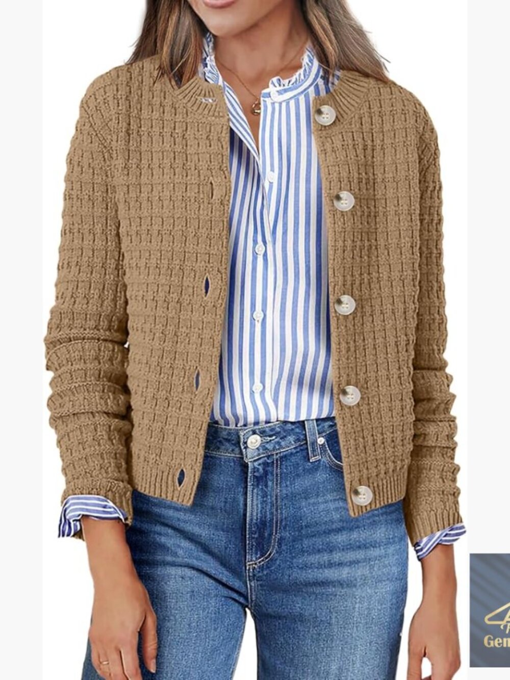 Cropped Cardigan Sweater, Button Front, Chunky Knit, Long Sleeve, Crew Neck